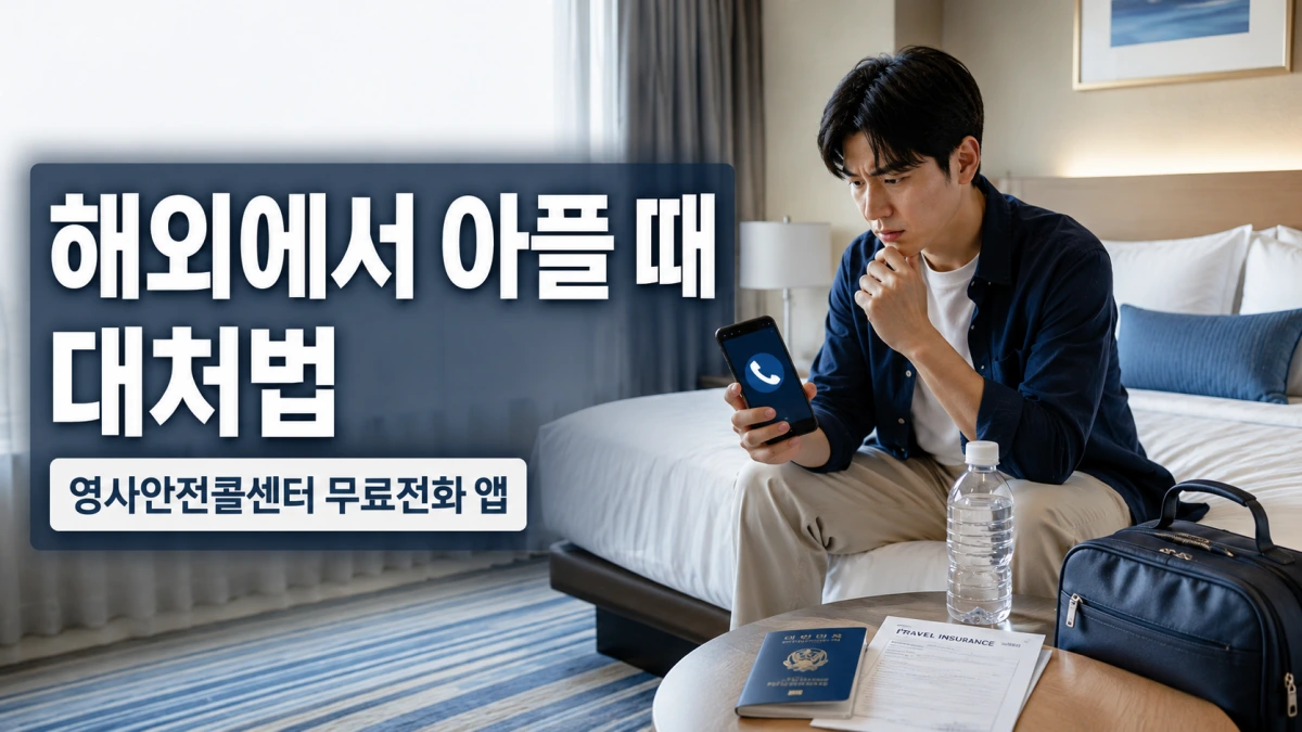 해외 호텔에서 몸이 아픈 여행자가 스마트폰으로 긴급 연락처를 확인하는 모습