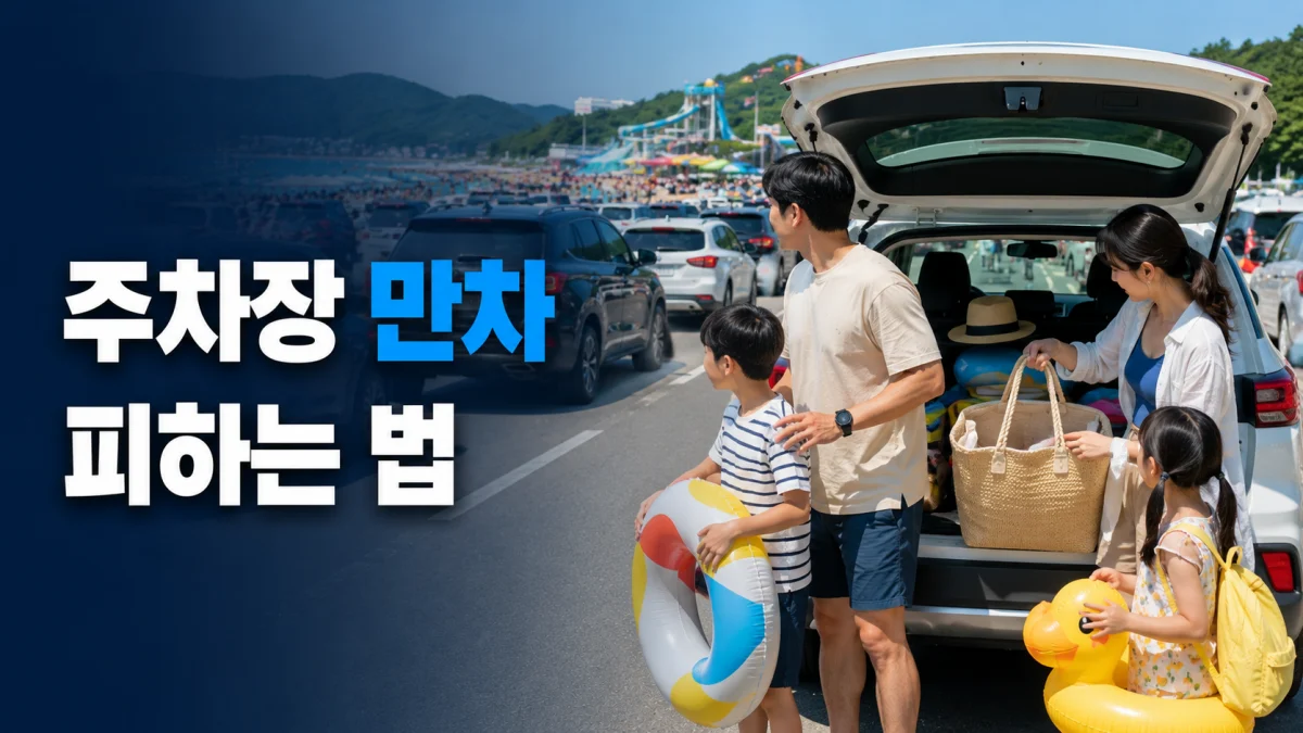 여름 해수욕장과 워터파크의 혼잡한 주차장 앞에서 진입 상황을 확인하는 한국인 가족