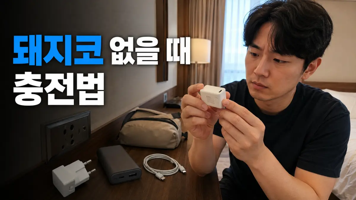 해외 호텔에서 충전기 입력 전압과 맞지 않는 콘센트를 확인하는 여행자