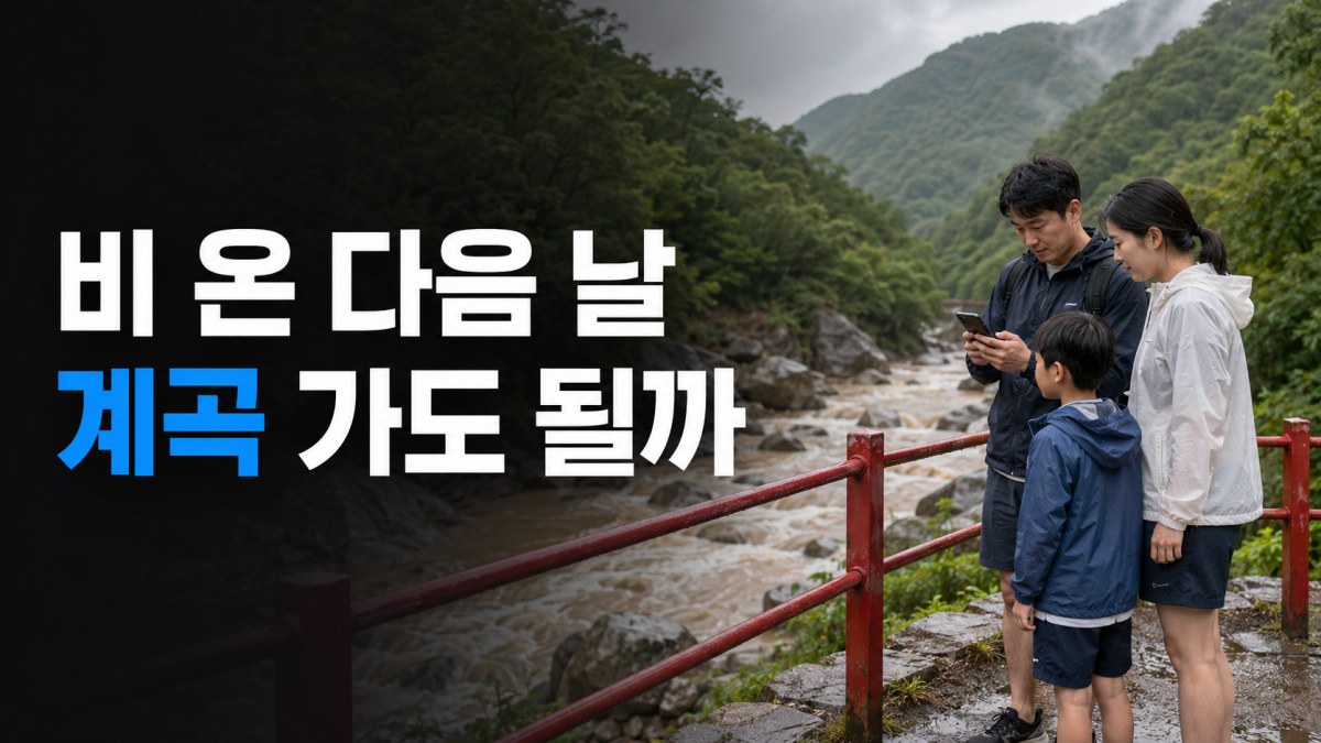 비가 온 다음 날 계곡 입구에서 휴대전화로 통제 정보를 확인하는 한국인 가족