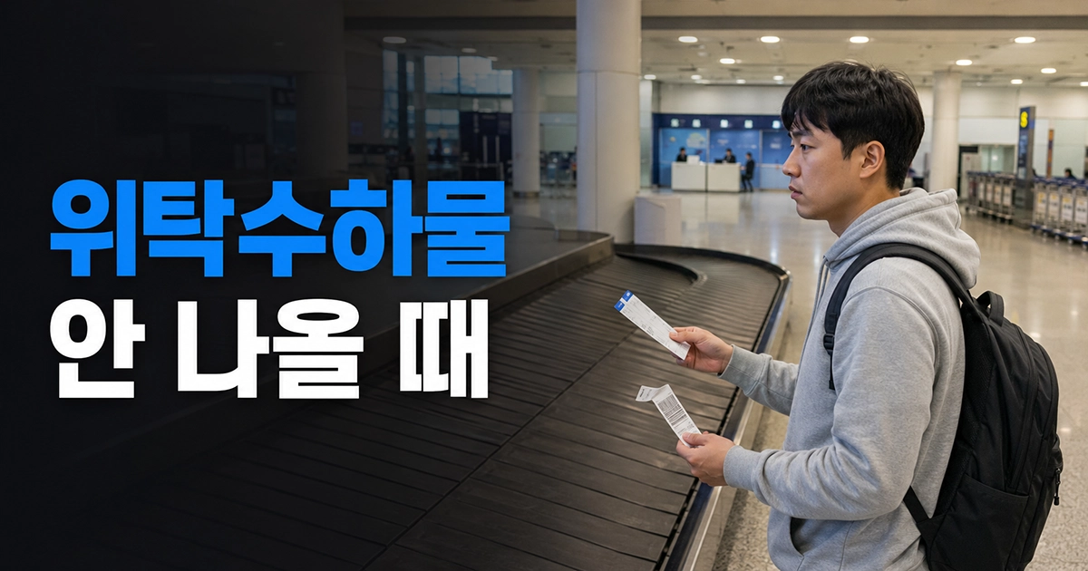 공항 수하물 벨트 앞에서 나오지 않은 위탁수하물을 기다리는 한국인 여행자