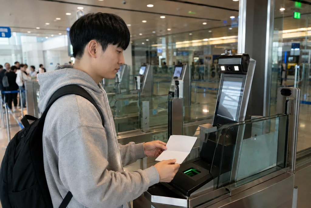 유럽 공항 입국심사에서 여권과 생체정보를 등록하는 한국인 여행자