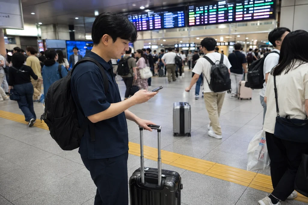 일본 신칸센역에서 스마트폰으로 열차 좌석을 확인하는 한국인 남성 여행자