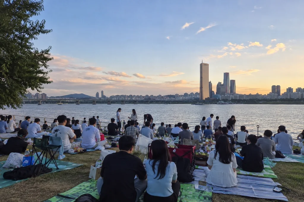 불꽃축제를 기다리며 여의도 한강공원 강변에 자리 잡은 관람객